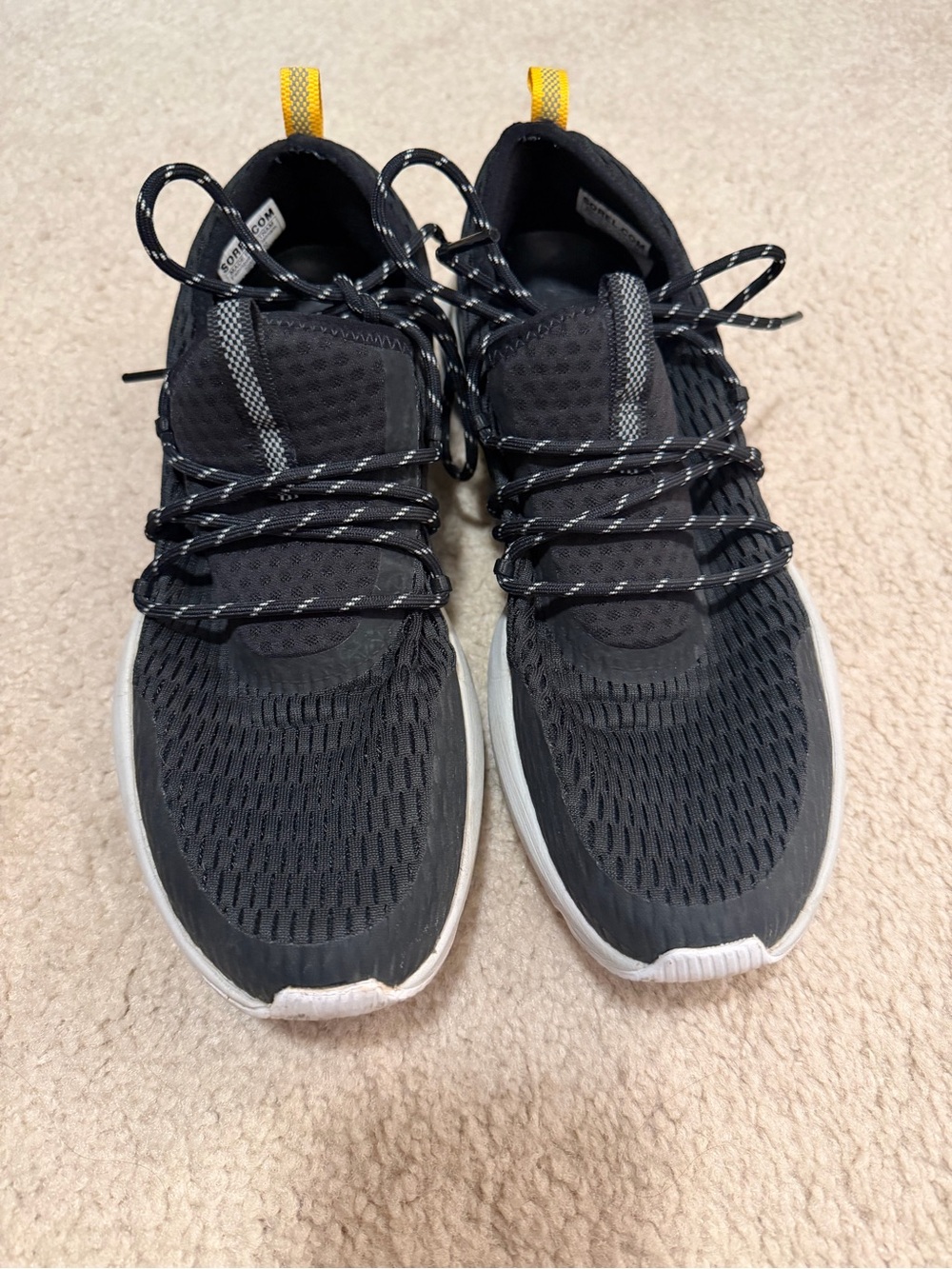 Sorel Black Mesh Sneakers with Yellow Heel Loop
